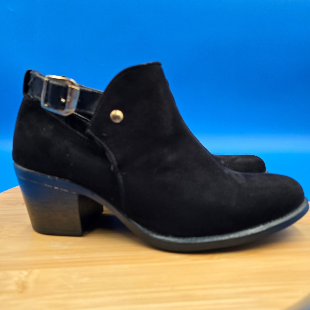 Brenda Paulina Black Faux Suede Cutout Block Heel Ankle Boots Womens 24.5 US 7.5